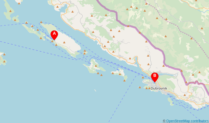 Map of ferry route between Sipanska Luka and Dubrovnik